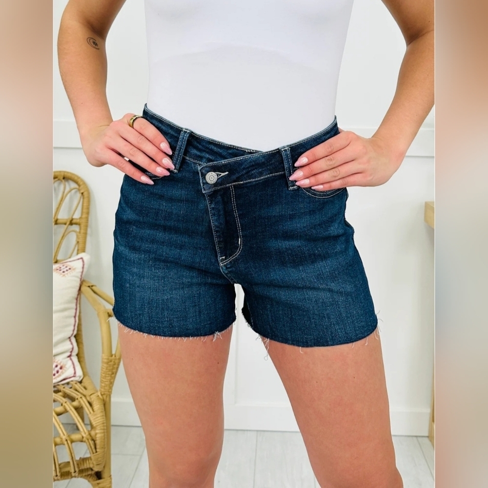 Judy Blue High Rise Dark Wash Criss Cross Crossover Waistband Shorts Various NEW - Picture 4 of 16